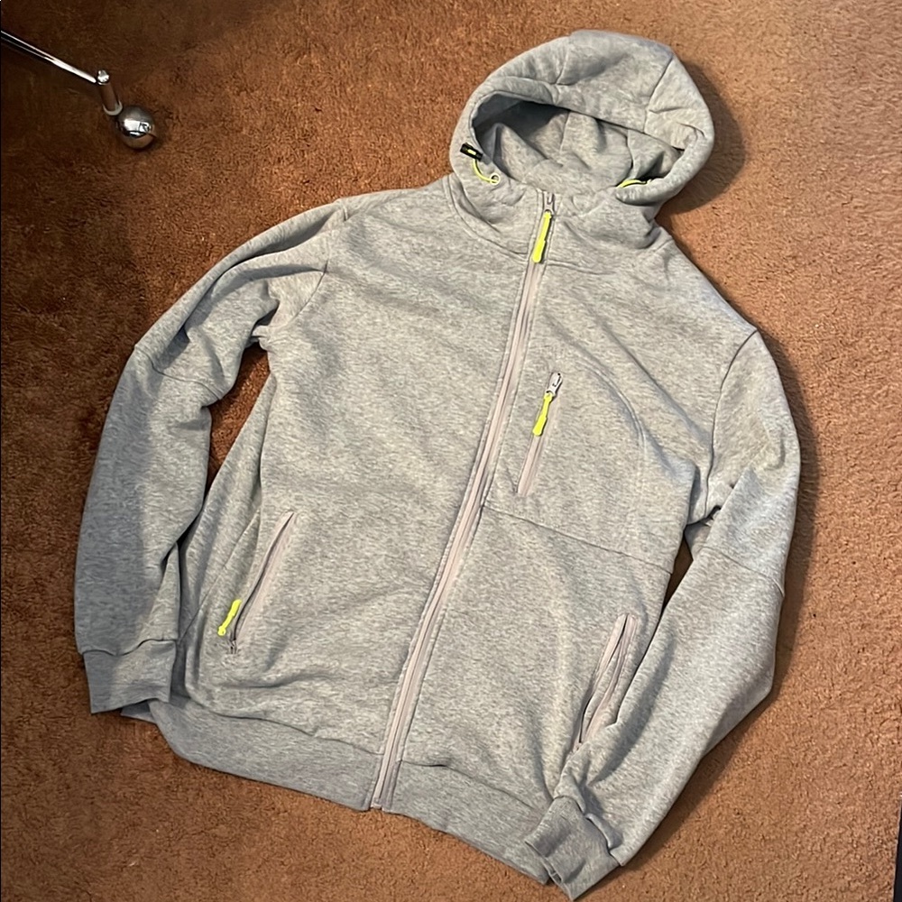 NEW Fleece Gray Hoodie Bright Green Zippers Many Zipper Pockets